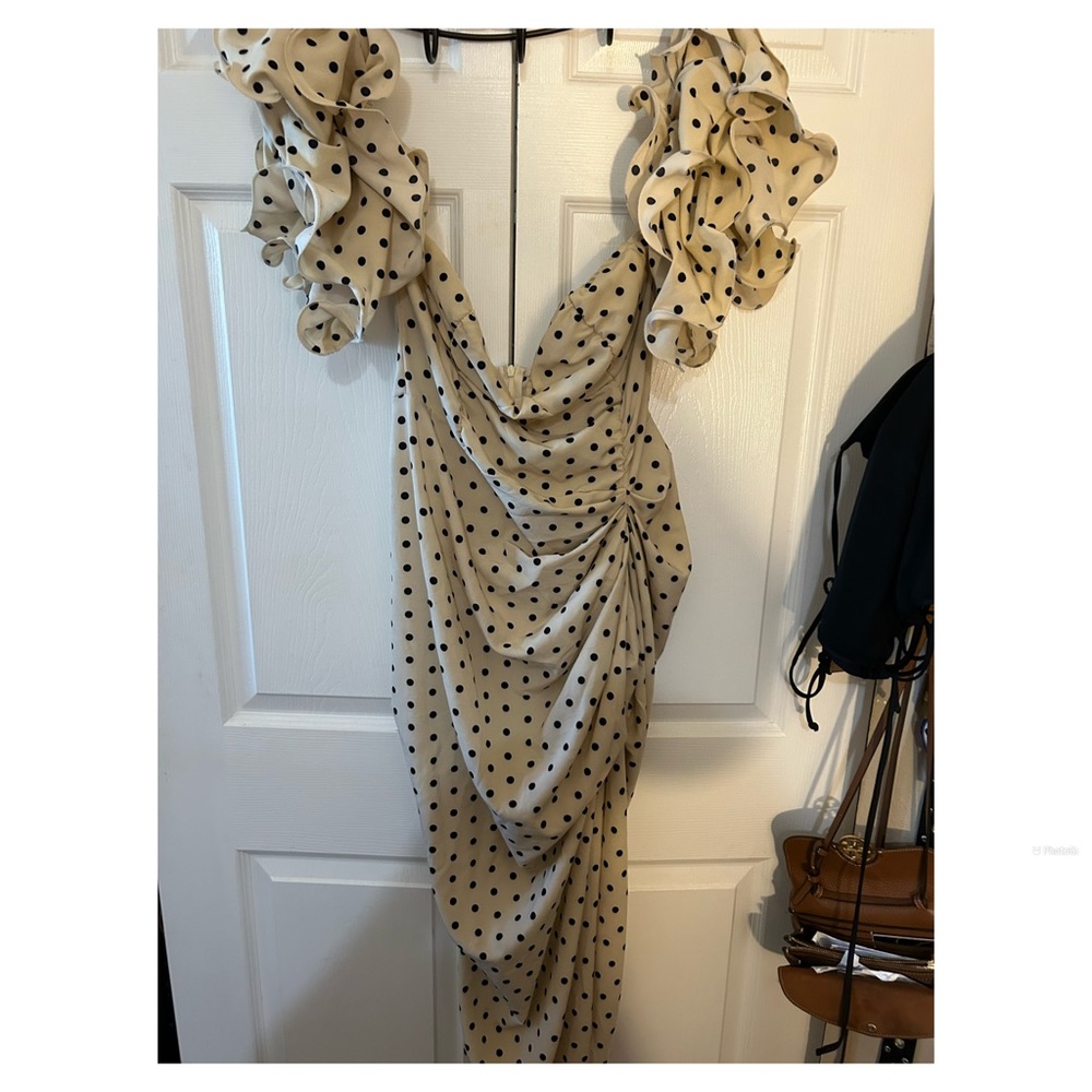 Black polka dot, beige dress